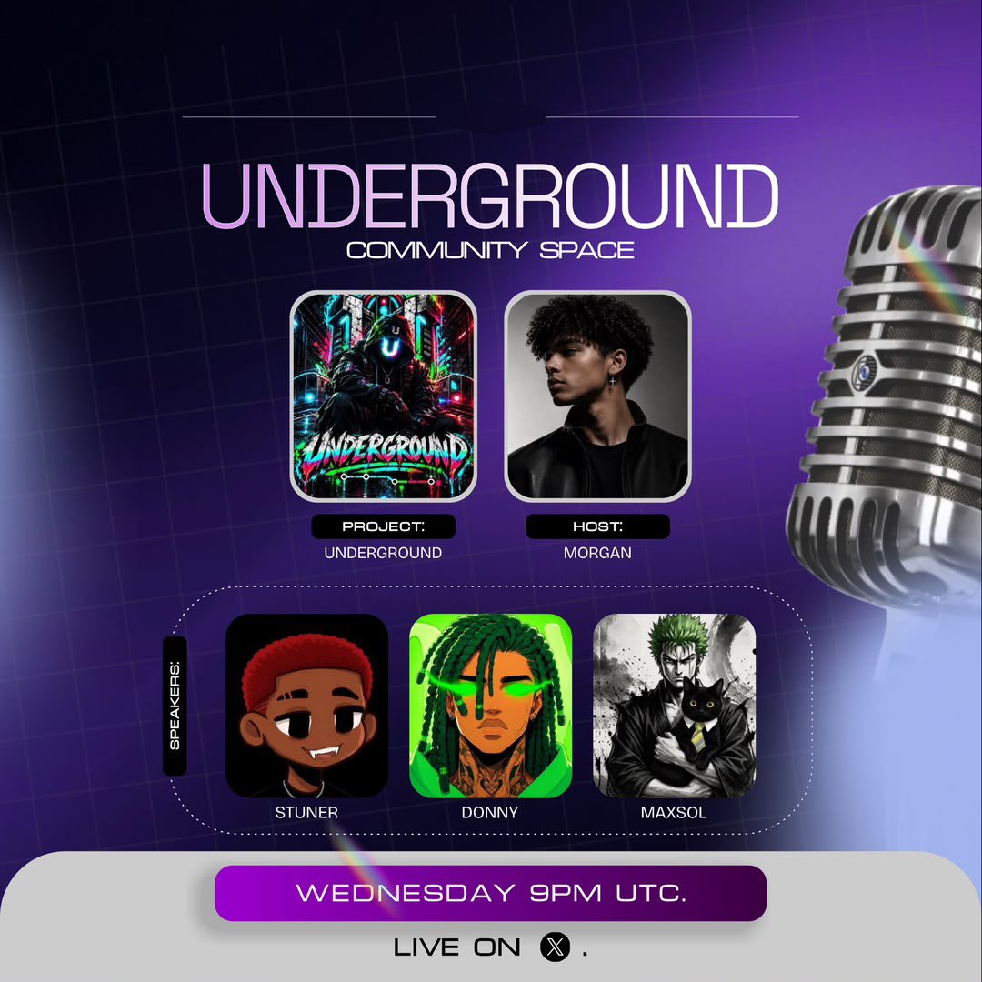 Morgan_marvi's tweet photo. 🚨 UNDERGROUND COMMUNITY SPACE TONIGHT 🚨

The doors open TONIGHT at 8PM 🕗

We’re going live to talk about UNDERGROUND, the vision behind it, the community, the journey so far, and what comes next.

🎙️ HOST: Morgan
🎙️ CO-HOST:@Crypto_Rexa 
⚔️ SPEAKER:@Shillumina47998 
🩸 SPEAKER: @ekelebe_stuner 

Come through, bring your questions, bring your friends, and let’s have a real conversation.

8PM — DON’T MISS IT.

UNDERGROUND — WHERE THE OTHERS LEARN.
VROOOOM… 🚇⚡
20$ giveaway

 https://t.co/TBlA70Nqnl