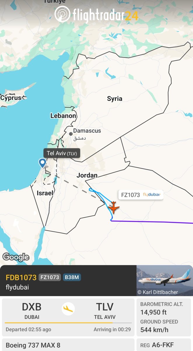 MenchOsint's tweet photo. FlyDubai FDB1073 flight to Tel Aviv returned mid-flight after squawking 7700 emergency. https://t.co/f120KiCdO8