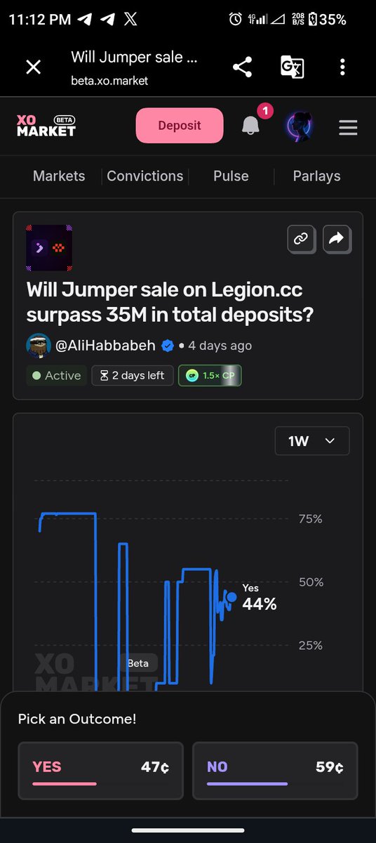 Web3Qizzy's tweet photo. $JUMP is live and the book is already fat.

Market on XO: does total deposited amount clear $35M?

Target was $2–3M. $35M is a different sport.

I’m on NO. Fade it if you think this keeps printing. https://t.co/QdBDpsCjFq