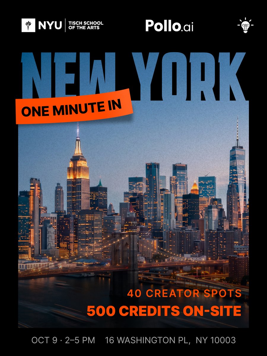 itsPolloAI's tweet photo. What could happen in a New York minute? 🗽

Pollo AI’s global One Minute creator event series is officially kicking off in New York.

Co-hosted with NYUCEC, we’re opening just 40 spots for creator sessions, live creation, and hands-on filmmaking with Pollo AI at 16 Washington Pl, NY 10003.

We’re also bringing three featured creators into the room: @godswayfoundinc  (X), @pedrx.ss (Ins), and @GreenFrogLabs  (X).

They’ll break down how they actually create with AI, from cinematic filmmaking and scroll-stopping visuals to real-world marketing workflows, and share the process behind their work.

Come learn from their sessions, create alongside NYC’s creative community, and get 500 Pollo AI Credits on-site.

Oct 9 · 2–5 PM · 16 Washington Pl, NY 10003

Comment “NYC” for the application link and full details. 🖇

New York is the first stop, and more cities are coming next。

#OneMinuteInNewYork #PolloAI #AIWeekNY