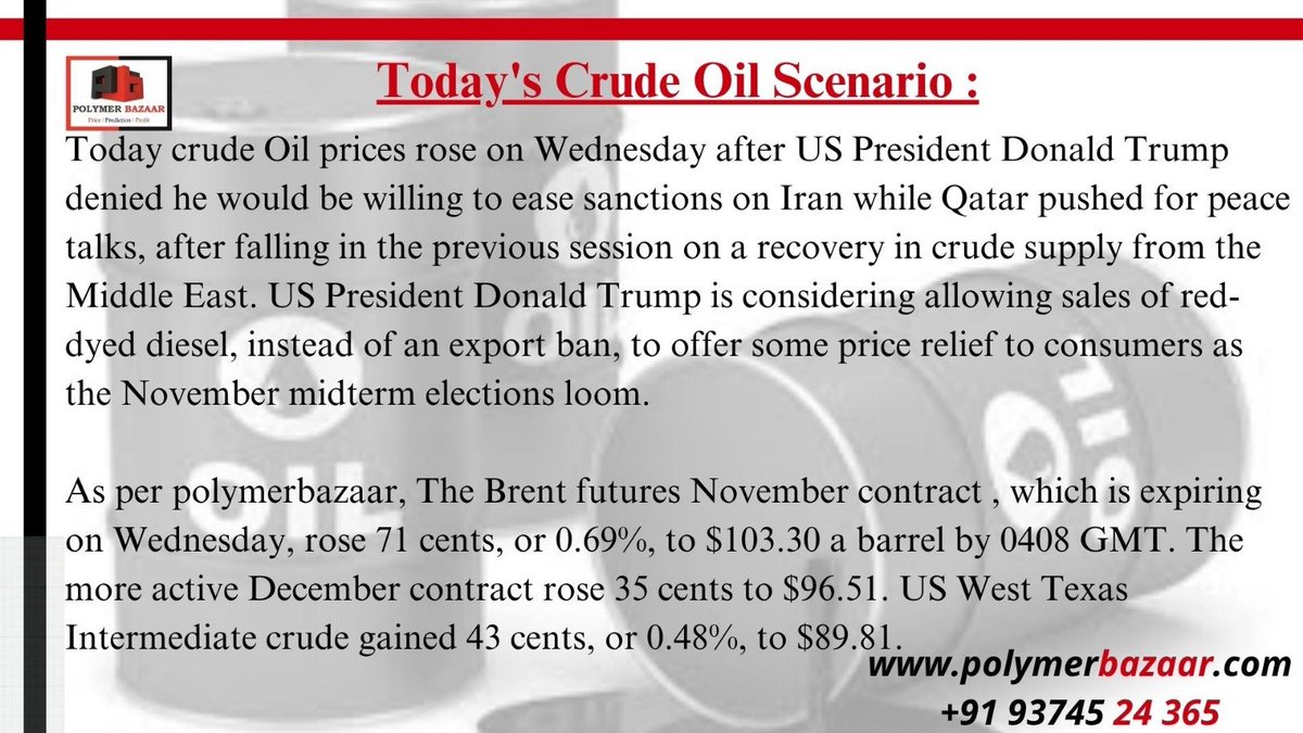 POLYMERBAZAAR's tweet photo. 🅿️🅱️
▶️ Crude Oil Scenario:
PP #ABS #LLDPE #LDPE #HDPE #PVC #EVA #PET #PS #SAN #POLYVINYL #POLYETHYLENE #POLYPROPYLENE #POLYMER #PROPYLENE #POLYSTYRENE #indplas #Polyamide #PLEXPO #GPCA #ARABPLAST #RUPLASTICA #PLASTEURASIA #KOPLAS #PLASTO #PLASTASIA #PLASTEX #Polycarbonate #Polyester , #Centralasiaplastworld #taipeipack
#plastindia #bopp #bopet #polyester
https://t.co/H3LoMQ9y1P