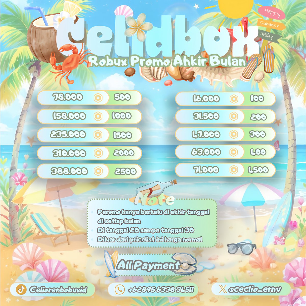ceclio_ernv's tweet photo. ୨୧ CELIOREN JUALAN ୨୧

- VIA LOGIN
- VIA SEND 
- GAMEPASS
- VIA PAYOUT 
- OPEN JASA/JOKI 
- APIPI NETNETF1LIX 

💸 proses FAST SATSET!!
ga sampe 2 menit udah masuuuppp 

HARGA PROMO AHKIR BULAN
ROBUX VISEND 
୨୧ 100 Robux — Rp16.000
୨୧ 200 Robux — Rp31.500
୨୧ 500Robux  —Rp78.500 
୨୧ 1.000 Robux — Rp158.000

📩 Order : https://t.co/T1Qzp5GCz4
💭 testi : https://t.co/KZKKDKrjpN

#zonauan #zonajajan #robux