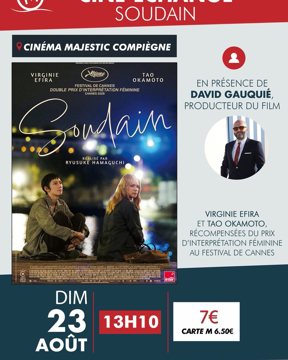 DJDROPDABEAT's tweet photo. Photo by Majestic Compiègne on August 19, 2026. Poster for a film discussion at Majestic Compiègne with David Gauquié, producer of the film, on Sunday, August 23 at 1:10 PM. https://t.co/stZJoYTXYh