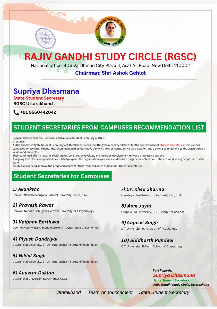 RGSCIndia's tweet photo. Heartiest congratulations to newly appointed Uttrakhand #RGSC students team. 💐 https://t.co/qogQrP5RaX