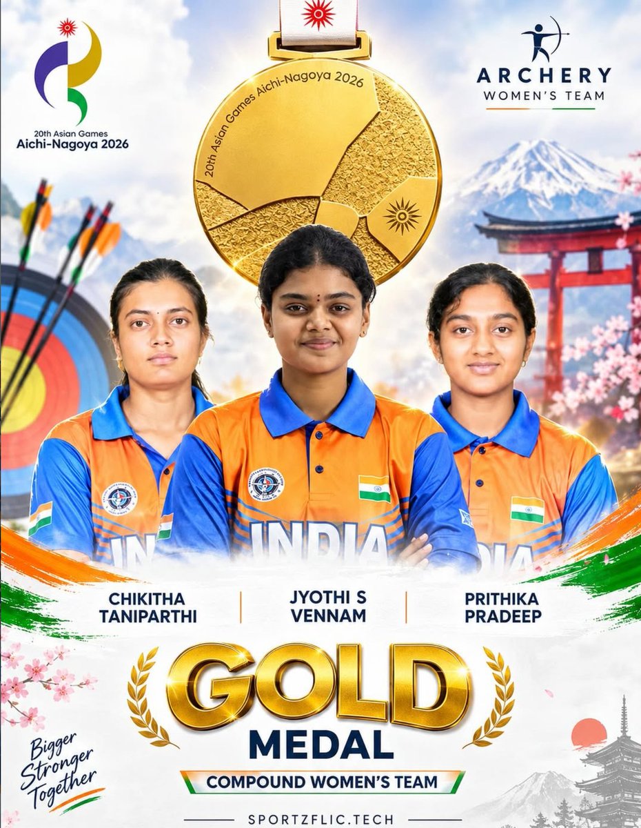 juni395819's tweet photo. Congrulations out Indian Team 🏹🥇 #Women #Empowerment in Action. 
#ChikithaTaniparthi, #JyothiSurekhaVennam & #PrithikaPradeep power India to #GOLD in the Women’s #CompoundTeam event. Their precision, determination and teamwork showcase the strength of India’s #NariShakti-breaking barriers and inspiring the next generation. 💪
#AsianGames2026 #WomenEmpowerment #NariShakti #TeamIndia #GoldMedal #Archery #IndianWomen #Cheer4Bharat #ProudIndia #NorthEastIndia #UnitedIndia