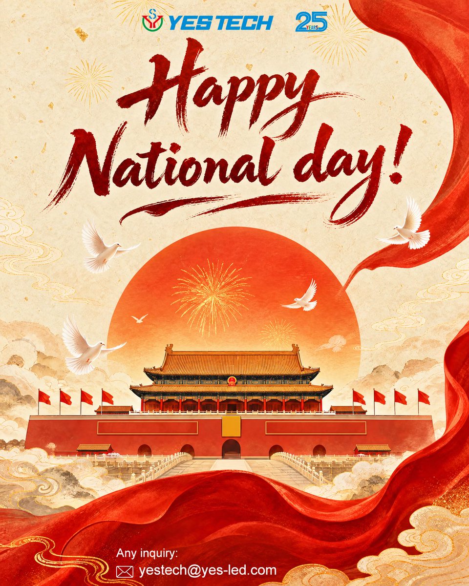 YESTECH_LED's tweet photo. National Day Holiday Notice
YES TECH will be on holiday from October 1 to October 4, and will resume work on October 5.
During the holiday, our team will remain online, but responses may be slower than usual. Thank you for your understanding.
#YESTECH #NationalDay #HolidayNotice https://t.co/U1KTNRrEb1