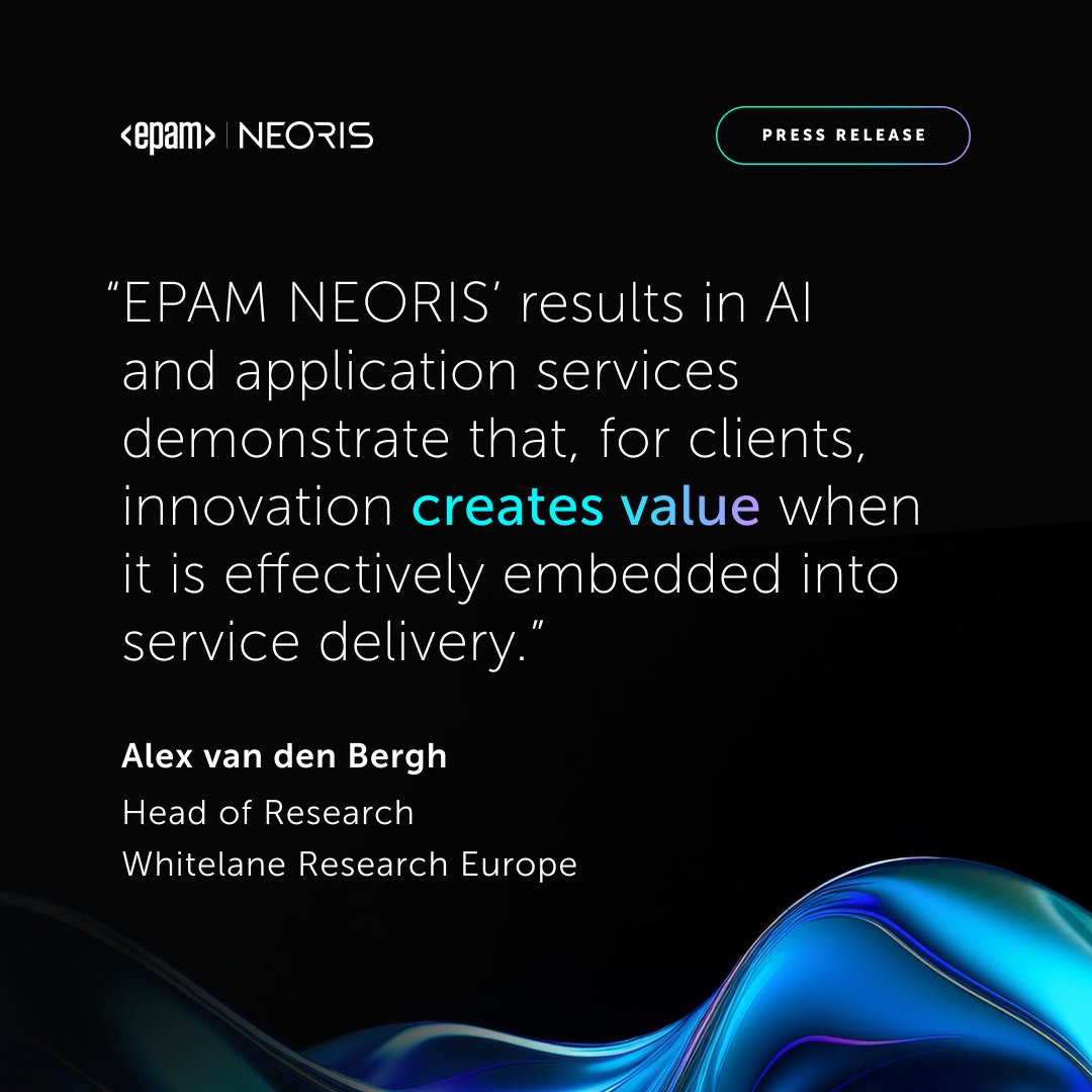 EPAMSystems's tweet photo. Our clients in Spain have ranked EPAM NEORIS as a leader in #AI and top IT service provider in Whitelane Research’s 2026 Spain #ITSourcing Study. Learn more: https://t.co/1IE1cUIGUF

#WhitelaneResearch #SpainIT #AILeaders @epamneoris_eng https://t.co/XQBfi1TUcP