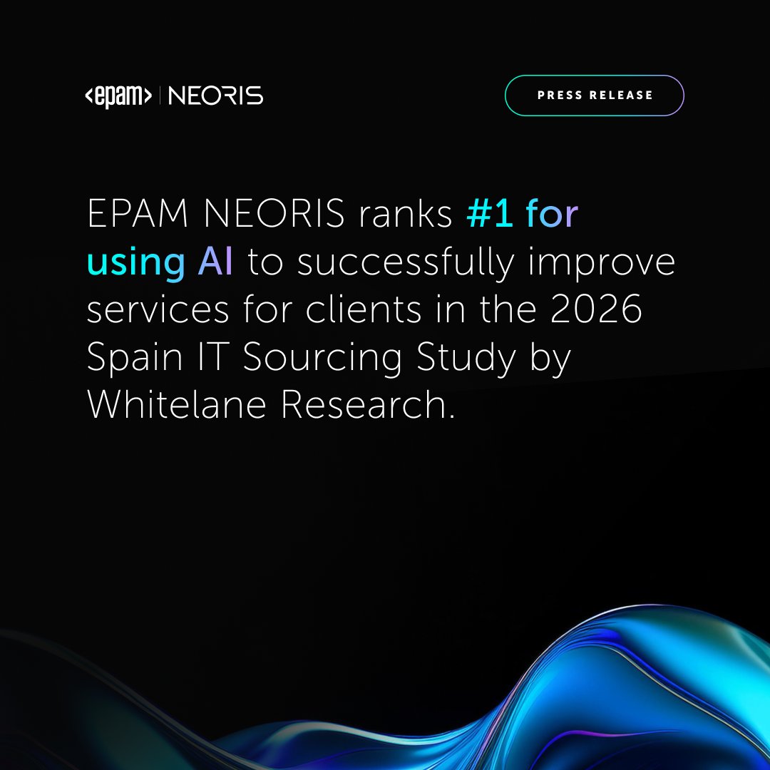 EPAMSystems's tweet photo. Our clients in Spain have ranked EPAM NEORIS as a leader in #AI and top IT service provider in Whitelane Research’s 2026 Spain #ITSourcing Study. Learn more: https://t.co/1IE1cUIGUF

#WhitelaneResearch #SpainIT #AILeaders @epamneoris_eng https://t.co/XQBfi1TUcP