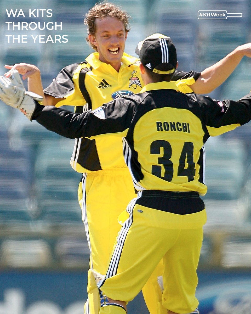 cricketcomau's tweet photo. Western Australia always stand out! 🟡⚫️
A look at @waca_cricket 's kits over the years #KitWeek https://t.co/IvmvnQTPHs
