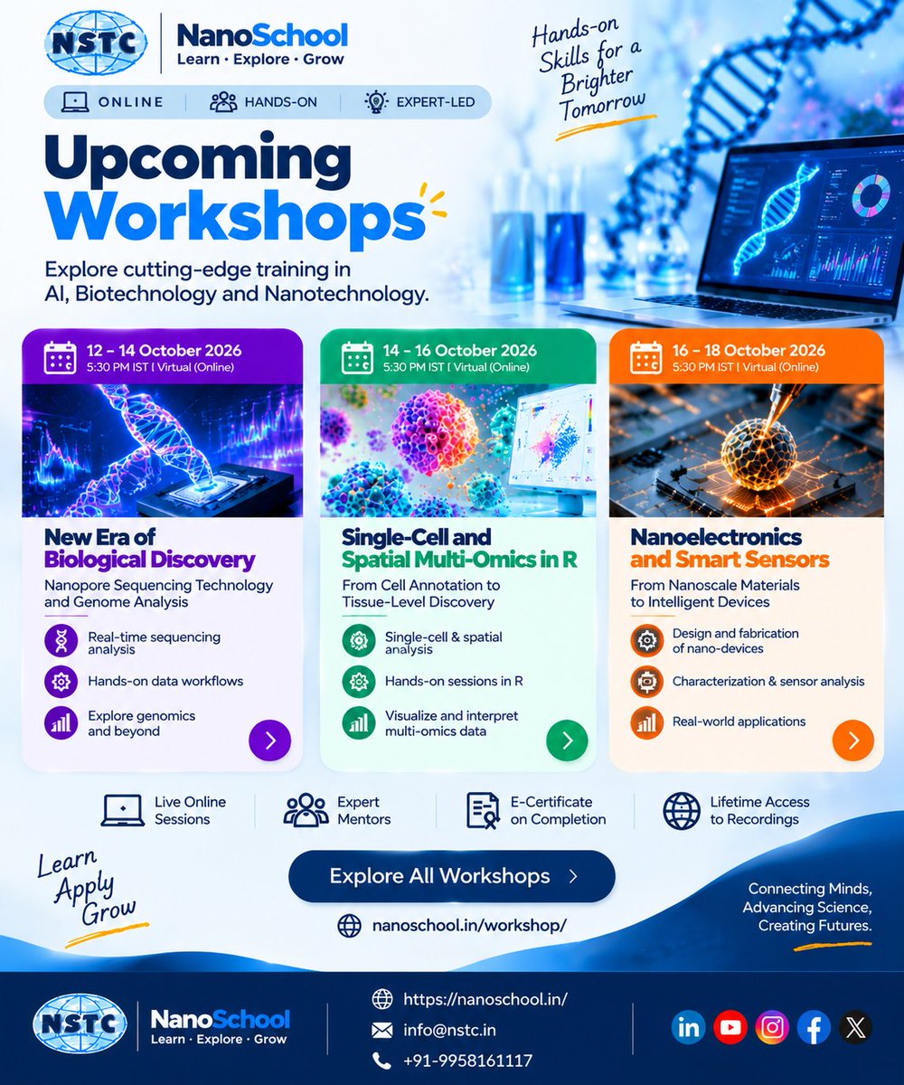 NSTC_2005's tweet photo. Upcoming NanoSchool Workshops | October 2026
Explore hands-on learning in

🧬 Nanopore Sequencing &amp; Genome Analysis
🧫 Single-Cell &amp; Spatial Multi-Omics
⚛️ Nanoelectronics &amp; Smart Sensors

🌐 https://t.co/W8IqaCBJQo
📧 info@nstc.in https://t.co/LBrNo6Kc1m