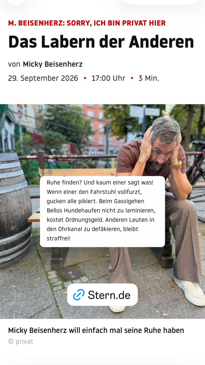 MickyBeisenherz's tweet photo. „Kein Mensch hat Lust, sich bereits um 7 Uhr 47 an Gleis 10 zu fühlen, als stecke er mit dem Kopf in einem hyperaktiven Flipperautomaten fest. Es belastet mich. Es nervt.“

Mein Rant über die dröhenden Kopfhörer-Verweigerer im aktuellen @stern 

Kompletter Text hier:

https://t.co/AKra0dBzXN