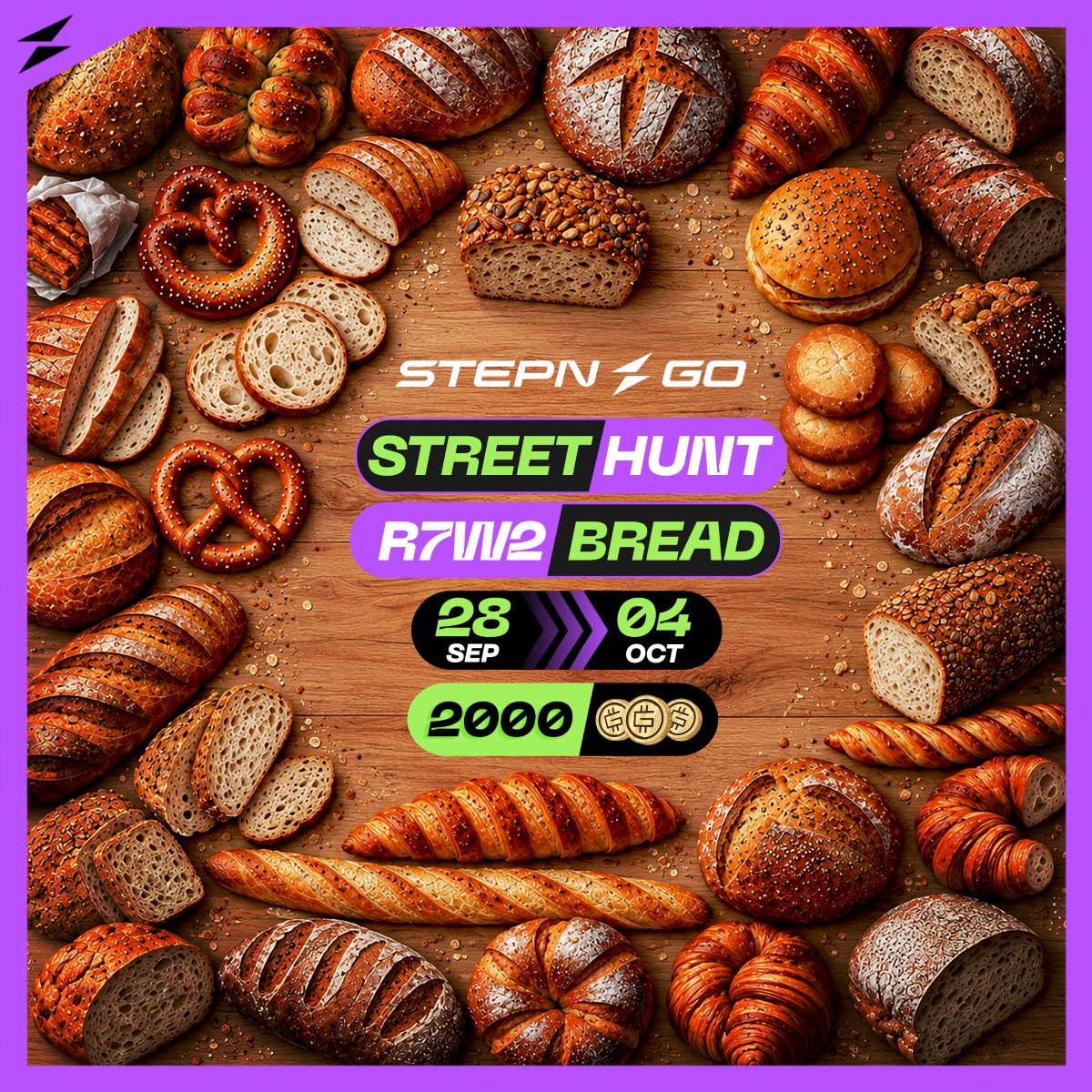 Crypto30Y's tweet photo. ⚡️ STEPN GO Street Hunt | R7W2: BREAD 🥖🥐🥯
Round 7 – Week 1: Coffee has officially wrapped up, and now, it’s time for something a little more filling… 👀🥖
While walking with #STEPN / #STEPNGO, participants are invited to hunt for all kinds of bread around them.
Baguettes, buns, croissants, sandwiches, bakery windows, bread displays, or local favourites… if it’s part of the bread family, it counts! 👀
📅 Duration
Sep 28, 00:00 UTC – Oct 4, 23:59 UTC
🏃 How to Enter
🔹 Snap: While walking with STEPN / STEPN GO, find and photograph at least 3 different bread-related items in your surroundings.
🔹 Compile: Create one single image that includes:
▶️ Your 3+ bread photos 🥖
▶️ Your STEPN / STEPN GO social share page (clearly visible) 📊
🔹 Post: Share your image on X using #STEPN #STEPNGO #StreetHunt #Bread
🔹 Submit: Paste your X post link in STEPNGO hunt-the-street Discord channel.
🎁 Prizes
2 lucky hunters will share 2,000 GMT 💰
Every country does bread a little differently. 🌍🥖
Let’s see what bread looks like where you live! 👟📸