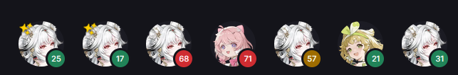 Image 1: A row of seven anime-style profile icons of characters with white and pink hair, featuring notification badges with numbers ranging from 17 to 71.