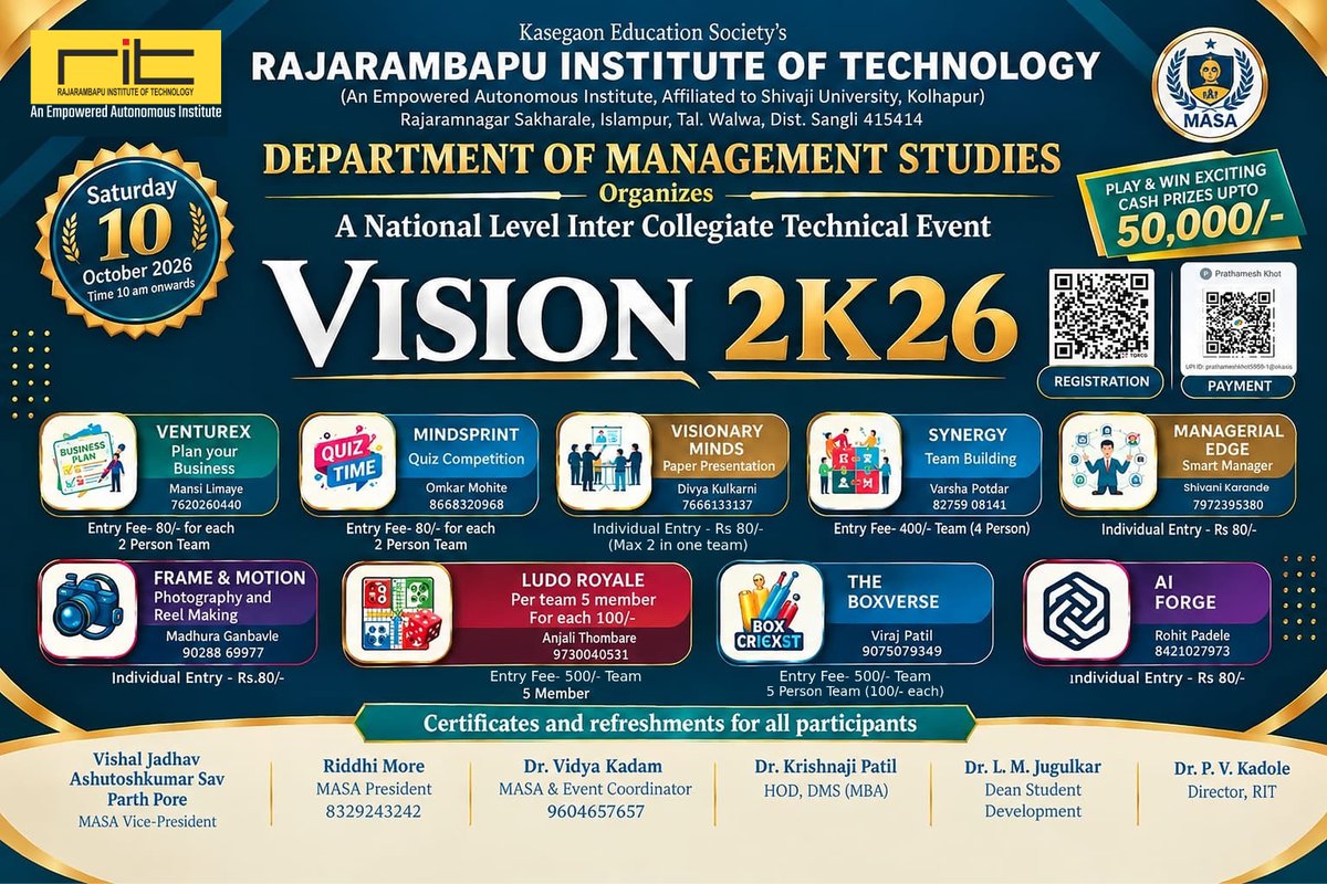 ritindia1983's tweet photo. 🚀 VISION 2K26 at RIT, Rajaramnagar!
Join MBA’s national-level inter-collegiate management &amp; technical event.
📅 10 Oct 2026 | 10 AM onwards
🏆 9 exciting events | Cash prizes up to ₹50,000!
📲 Register now!
#Vision2K26 #RIT #MBA #StudentEvent https://t.co/4H8LyHunf5
