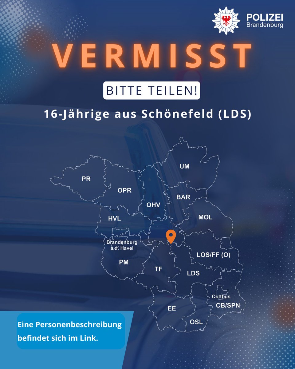 PolizeiBB's tweet photo. #FahndungWir bitten um Unterstützung! Seit dem 21.09.26 wird eine 16-Jährige aus Schönefeld (LDS) #vermisst.    Bild &amp; weitere Infos: https://t.co/pllsnBAY7A Teilen Sie keine Hinweise über soziale Medien. https://t.co/OiHXZcN5Km