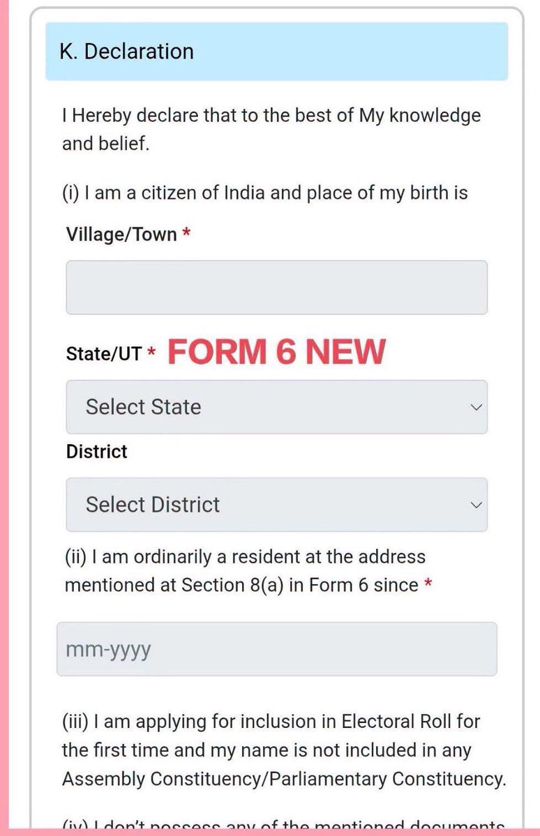 GuptaPragnya's tweet photo. ECI didn’t “simplify” Form 6.
It got caught, red handed.
After months of slipping in extra, extra-legal questions — were your parents or grandparents in the last SIR? — they are now quietly yanking that trap from Form 6 in states where the revision is “done.”
That question was never in the statutory Form 6.
No rule amendment. No gazette. Just a stealth insert on the portal so a first-time voter couldn’t submit without answering a pedigree test.
Two Election Commissioners called it illegal and unauthorised. Gen Z was the target. Families already deleted in SIR were the collateral.
Now the same Commission is doing damage control in the dark: revert here, keep the declaration there, pretend nothing happened.
This is the pattern of SIR —
irrelevant questions,
misleading forms,
surreptitious processes.
When exposed, they don’t confess. They edit the screenshot.
Thank you, Rahul Gandhi.
You kept attacking these questions when they called it “procedure.” You kept saying Form 6 is for inclusion, not ancestral mapping. You kept naming the farce while they hid behind “technical distinctions.” Without that pressure, this trap would still be sitting between J and K as if it were law.
A young Indian does not inherit the right to vote from a 2002 roll.
They earn it by being 18, a citizen, and a resident.
Stop testing bloodlines.
Start following the statute. You Better Do.
#GyaneshChorHai
#VoteChori #Form6 #SIR #SaveTheRolls
@ECISVEEP @RahulGandhi