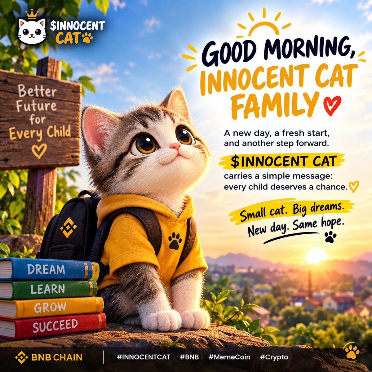 Innocentcat224's tweet photo. 🌅🐱 GOOD MORNING, INNOCENT CAT FAMILY ❤️

A new day, a fresh start, and another step forward.

$INNOCENT CAT carries a simple message: every child deserves a chance. 🫶

Small cat. Big dreams.
New day. Same hope. 🐾✨

#INNOCENTCAT #BNB #MemeCoin #Crypto https://t.co/CTBJQrFcbB