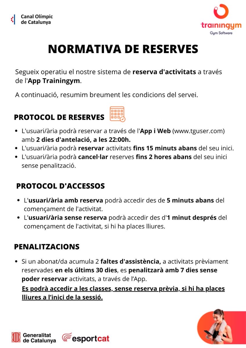 canalolimpiccat's tweet photo. 📢 Important! Recordatori de reserves
•
Tens dubtes sobre quan reservar, cancel·lar o accedir a una activitat? 
•
👉🏼 Consulta la normativa a la imatge i tingues-la present!
•
💙 Gràcies per ajudar-nos a fer un bon ús del sistema de reserves.
•
#esportcat #canalolimpiccat https://t.co/VRXL10kpXW