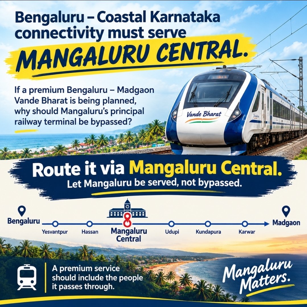 GuruRailfan's tweet photo. Bengaluru–Coastal Karnataka connectivity must serve Mangaluru Central.

If a premium Bengaluru–Madgaon Vande Bharat is being planned, why should Mangaluru’s principal railway terminal be bypassed?

Route it via MAQ. Let Mangaluru be served, not bypassed.

@SWRRLY @RailMinIndia https://t.co/5WqoC735Cj