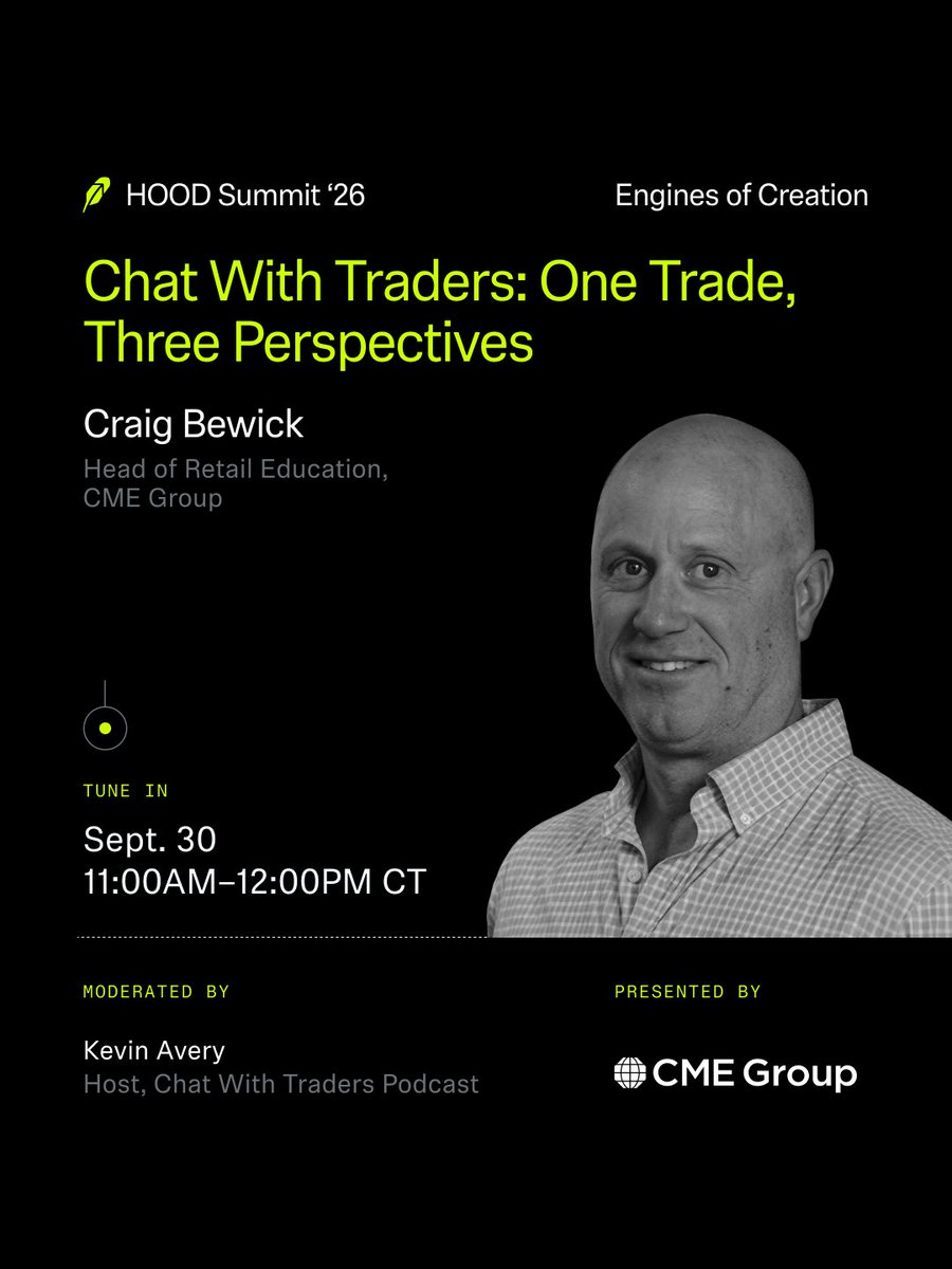 RobinhoodApp's tweet photo. What really happens after you place a futures trade?

@chatwithtraders host Kevin Avery joins Robinhood’s Michael Obucina, Geneva Trading CEO Rob Creamer, and @CMEGroup’s Craig Bewick to break down how the futures market works—from thesis to execution.

Watch it live now: https://t.co/rlXCckCtlg