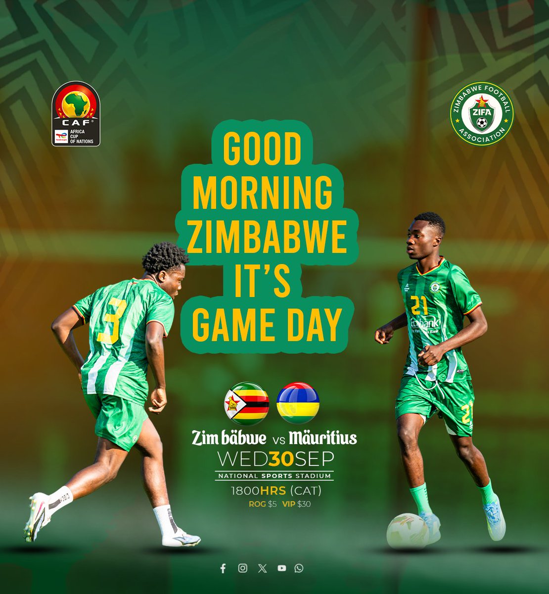 online_zifa's tweet photo. 𝗬𝗢𝗨𝗡𝗚 𝗪𝗔𝗥𝗥𝗜𝗢𝗥𝗦, 𝗜𝗧’𝗦 𝗚𝗔𝗠𝗘 𝗗𝗔𝗬! 🇿🇼🔥

Good morning, Zimbabwe! Bring your colours, bring your voice and back the Young Warriors against Mauritius tonight! 🙌🏽

🏟️ National Sports Stadium

⏰ 6pm CAT

🎟️ ROG: $5 | VIP: $30

Let’s meet kuGomba!

#YoungWarriors #GoZimbabwe