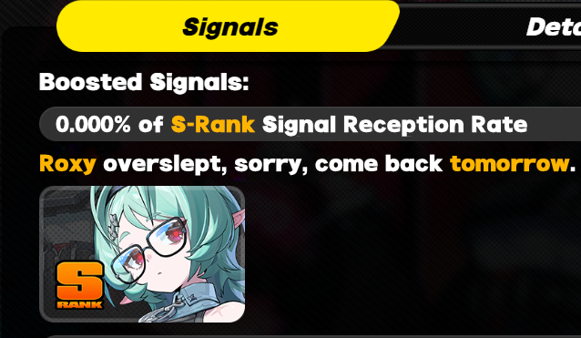 PopEridu's tweet photo. Roxy reportedly overslept and forgot to show up to her own Signal Search banner. https://t.co/0EnDfm893s
