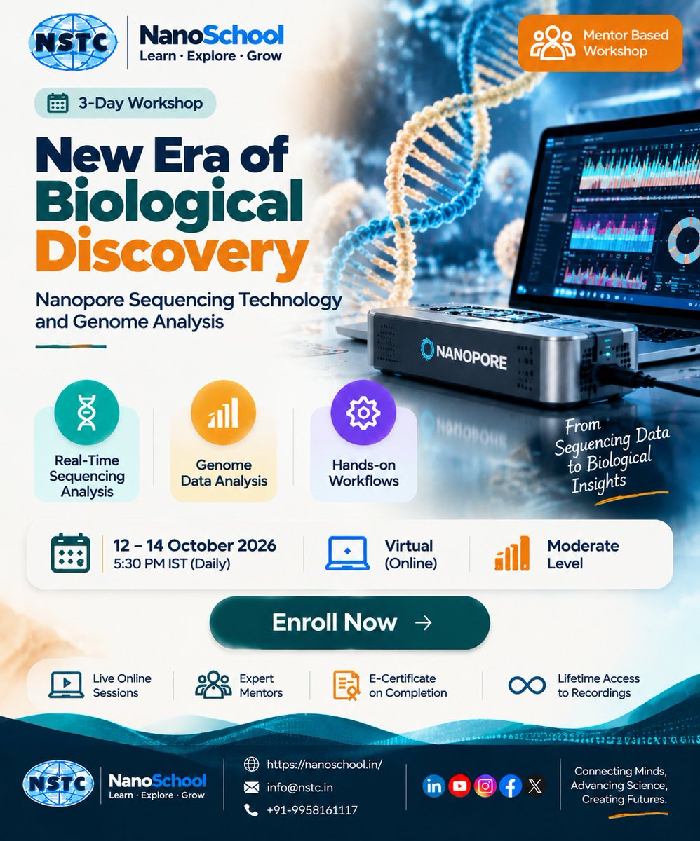 NSTC_2005's tweet photo. Upcoming NanoSchool Workshops | October 2026
Explore hands-on learning in

🧬 Nanopore Sequencing &amp; Genome Analysis
🧫 Single-Cell &amp; Spatial Multi-Omics
⚛️ Nanoelectronics &amp; Smart Sensors

🌐 https://t.co/W8IqaCBJQo
📧 info@nstc.in https://t.co/LBrNo6Kc1m