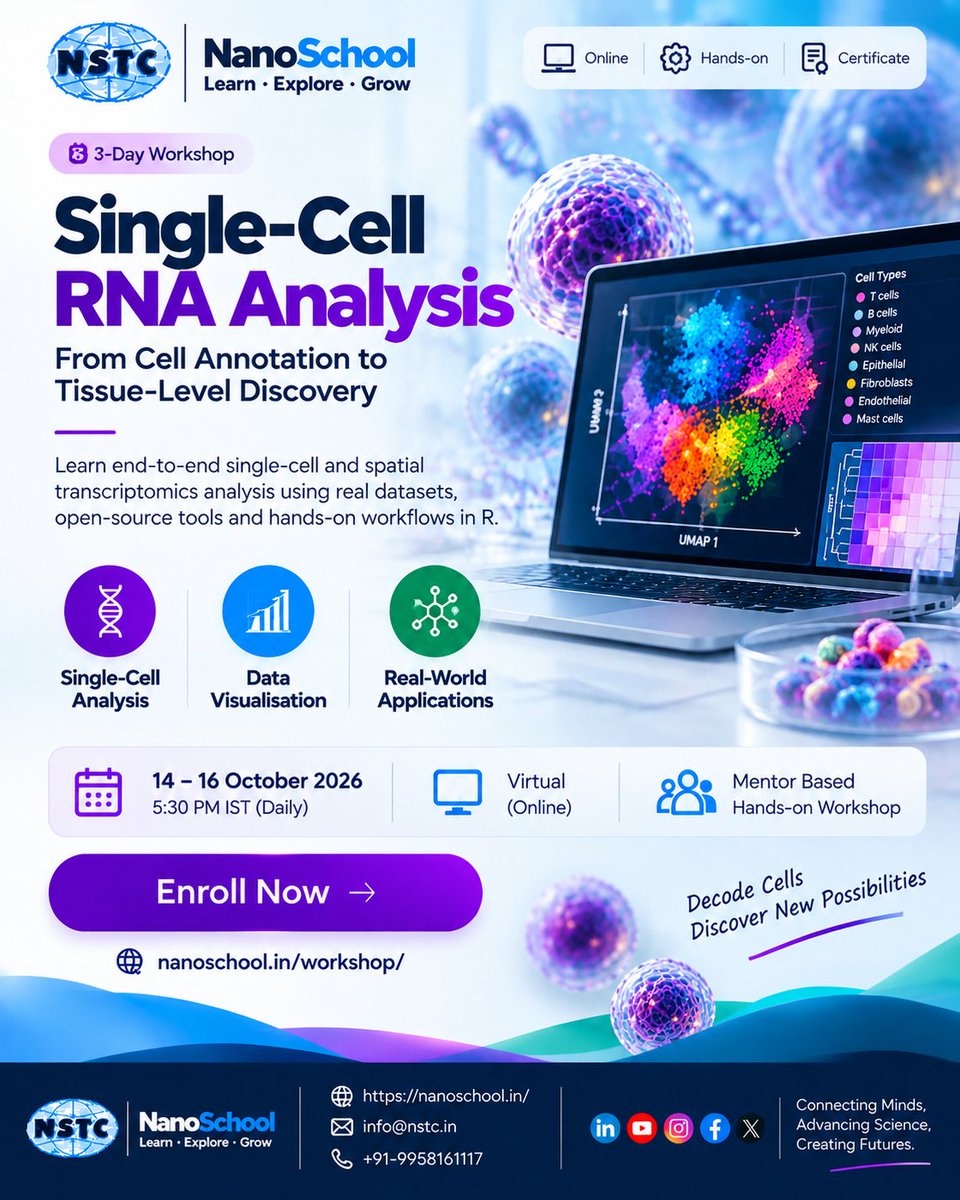 NSTC_2005's tweet photo. Upcoming NanoSchool Workshops | October 2026
Explore hands-on learning in

🧬 Nanopore Sequencing &amp; Genome Analysis
🧫 Single-Cell &amp; Spatial Multi-Omics
⚛️ Nanoelectronics &amp; Smart Sensors

🌐 https://t.co/W8IqaCBJQo
📧 info@nstc.in https://t.co/LBrNo6Kc1m