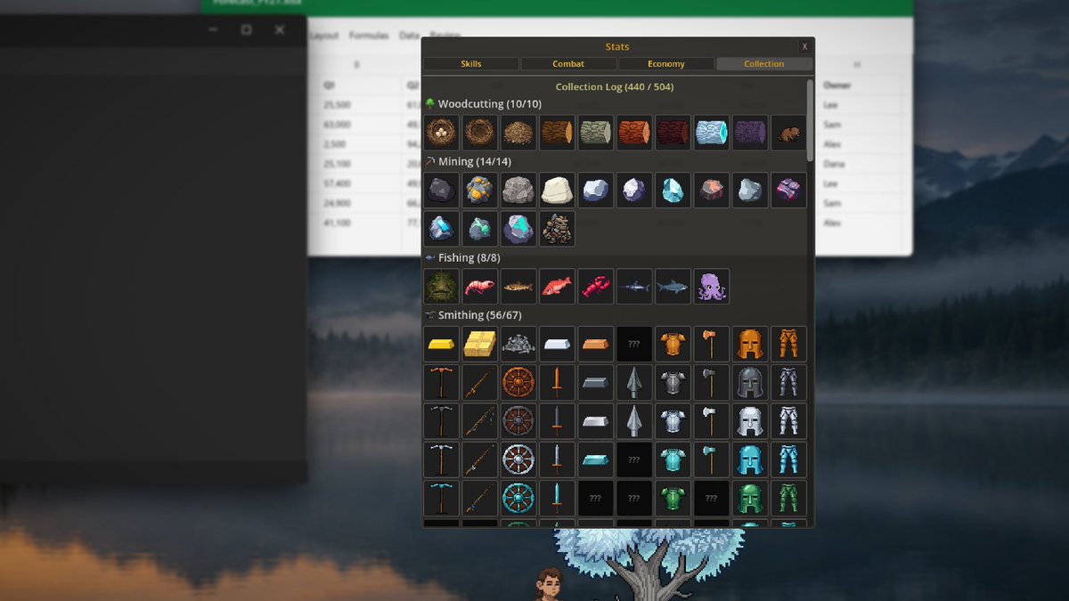 RuneClick's tweet photo. #ScreenshotSaturday the collection log. 504 items to find across every skill, and it marks the first time you get each one #pixelart #osrs https://t.co/SzZ1hpSreR