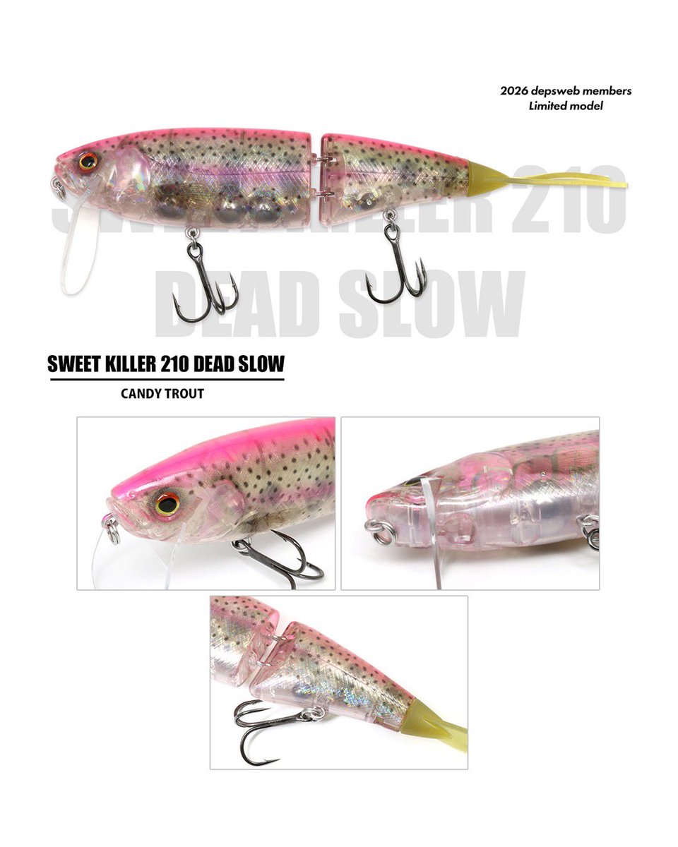depsweb_public's tweet photo. メンバー販売第7弾は
『スウィートキラー210 DEADSLOW』。

低水温期のデカバスを狙う“デッドスロー”チューンモデル。

キャンディトラウト／マルチホワイトの2色がラインナップ。

2026.10/2(金)14時受注開始

https://t.co/x7Pie9EPTM

#SWEETKILLER210DEADSLOW #depswebmembers2026 #deps https://t.co/3RNmdtaaVd