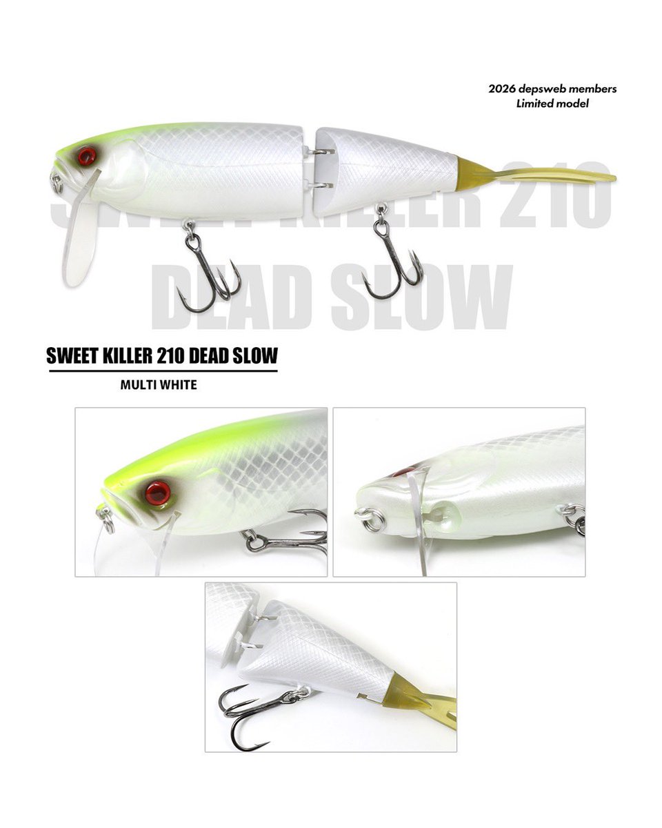 depsweb_public's tweet photo. メンバー販売第7弾は
『スウィートキラー210 DEADSLOW』。

低水温期のデカバスを狙う“デッドスロー”チューンモデル。

キャンディトラウト／マルチホワイトの2色がラインナップ。

2026.10/2(金)14時受注開始

https://t.co/x7Pie9EPTM

#SWEETKILLER210DEADSLOW #depswebmembers2026 #deps https://t.co/3RNmdtaaVd