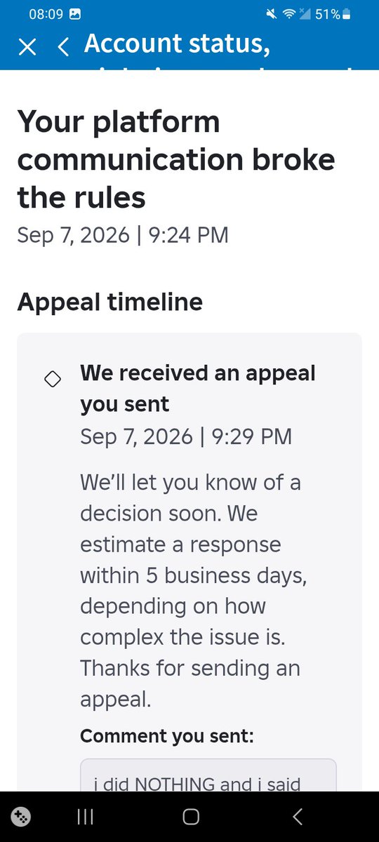nightsinjuly's tweet photo. roblox just changed my ban reason from harmful content/behaviour to child safety?? LOL 😭
at least respond to my appeals and tell me what I did wrong instead of giving me a useless chat evidence id
@Roblox #robloxban https://t.co/ApmIOeIcgG