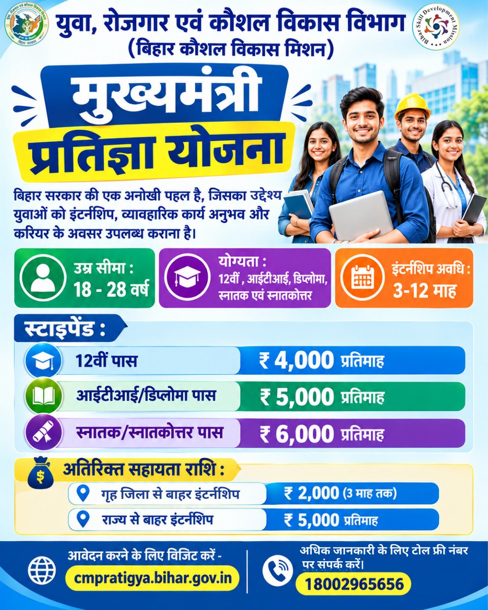 YESDBihar's tweet photo. मुख्यमंत्री प्रतिज्ञा योजना बिहार सरकार की एक महत्वपूर्ण पहल है, जिसका उद्देश्य युवाओं को इंटर्नशिप, व्यावहारिक कार्य अनुभव और करियर के नए अवसर उपलब्ध कराना है। सीखें, अनुभव हासिल करें और अपने भविष्य के करियर की मजबूत नींव तैयार करें।
#CMPratigya #Internship #Bihar #Yesdbihar https://t.co/sKFDbMBKch