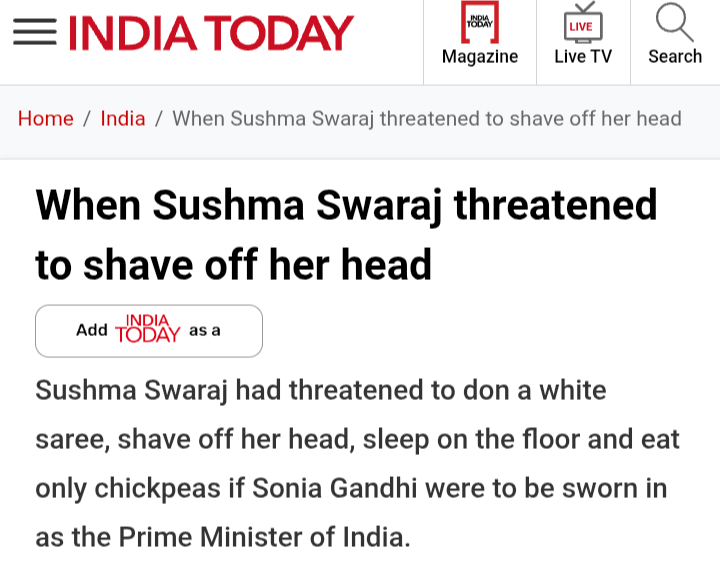 gauravsabnis's tweet photo. Sushma Swaraj was quite idiotic herself. She "threatened" to live like a Hindu widow if Sonia (an actual widow) became Prime Minister. 

Her last few years of Twitter diplomacy shouldn't make us forget that she was a Sanghi after all and quite cruel &amp; idiotic. https://t.co/YxyBTseC0r