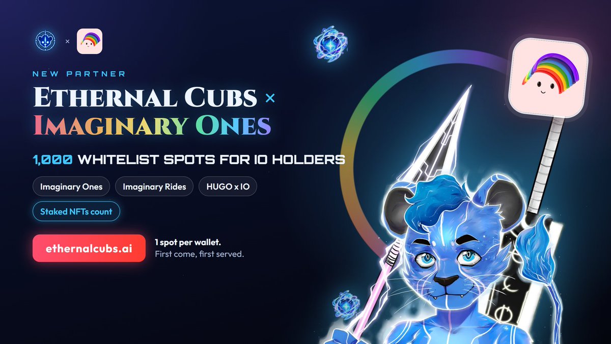 ethernalcubs's tweet photo. 🌈 Ethernal Cubs x @Imaginary_Ones 

1,000 whitelist spots for IO holders 🦁

✅ Imaginary Ones, Imaginary Rides or HUGO x IO
✅ Staked NFTs count, no need to unstake
✅ 1 per wallet, first come first served

Claim at https://t.co/Twx7kTUgp9

#robinhood #RobinhoodChain #whitelist #nfts #freemint