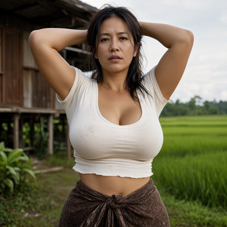 didisgrl's tweet photo. A scene of a healthy female farmer. You can control the appearance of the character by adjusting the parameters. #AI #CountrySide #Wife #AIWife
prompt:
Photorealistic high-resolution photography, 8k resolution, cinematic quality. A woman in her late 30s or early 40s with an oval face shape and deep almond-shaped eyes, exuding a calm and resilient demeanor. Balanced and curvy figure with harmonious proportions; voluptuous C-cup bust with significant volume, soft roundness, and natural heavy gravity, neither exaggerated nor flat. Realistic tan skin tone with visible pores, subtle texture, and natural imperfections (like faint freckles or sun spots), no artificial shine or smoothing, matte skin finish reflecting authentic daily-life condition.

Expression & Details: Direct and steady gaze meeting the camera with a serious yet composed emotion state; brows relaxed, lips slightly parted. Dark brown hair appears somewhat messy and wind-touched, with loose strands falling naturally around her face and over her shoulders, adding to the rustic lived-in feel. Overall facial expression conveys grounded confidence and quiet intensity.

Clothing & Texture: Wearing a slightly fitted off-white cotton crop top made of soft fabric with natural wrinkles, slight dirt stains, frayed edges (like minor wear at cuffs or hem), and small holes in the fabric. emphasizing rural authenticity. The top stretches naturally over her full C-cup bust, creating a deep, natural cleavage line and subtle tension lines along the fabric that highlight its volume and weight. Paired with a dark brown patterned wrap skirt tied securely at her waist, displaying intricate floral motifs and natural fabric folds gathered around the knot, creating a rich texture contrast against the plain top.

Pose & Action: Standing facing forward with a stable posture; both arms raised high above her head with elbows bent outward, hands placed behind her neck or in her hair, fully extending her upper body to showcase shoulder and arm definition. Torso slightly arched to naturally accentuate the fullness of her C-cup bust, head held straight, directing her gaze squarely at the viewer with a composed and powerful demeanor.

Scene & Composition: Background features a rustic rural setting with an old wooden stilt house structure on the left side; vibrant green rice paddies stretch into the distance under a soft sky on the right, providing a lush natural backdrop. The composition centers the subject sharply while using shallow depth of field to blur foreground foliage and background elements, ensuring focus remains on her.

Lighting & Atmosphere: Soft, diffused natural daylight illuminates the scene from above, creating gentle shadows without harsh contrast or glare. Highlights on the skin are subtle and matte, emphasizing realistic texture and muscle definition rather than an oily sheen. The color palette balances earthy browns with vibrant greens, ending with a focus on realistic skin texture, no text, no watermarks, accurate anatomy, natural hands without distorted fingers, no extra limbs.
