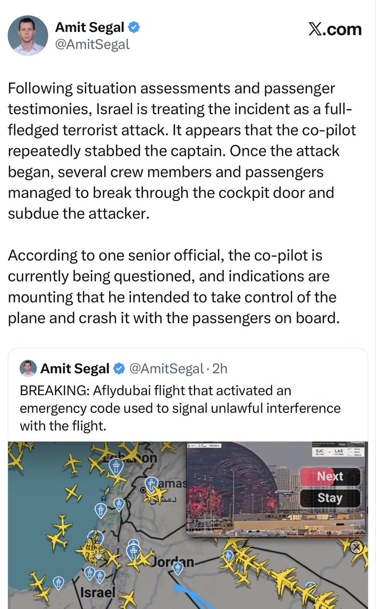 Iyervval's tweet photo. Situation averted. But imagine. The copilot stabbed the captain and wanted to crash the plane with almost 200 people on board. The situation was averted thanks to the passengers, crew supplementing the captain’s valiant resistance and quick thinking. https://t.co/NXaShhZ0Ei