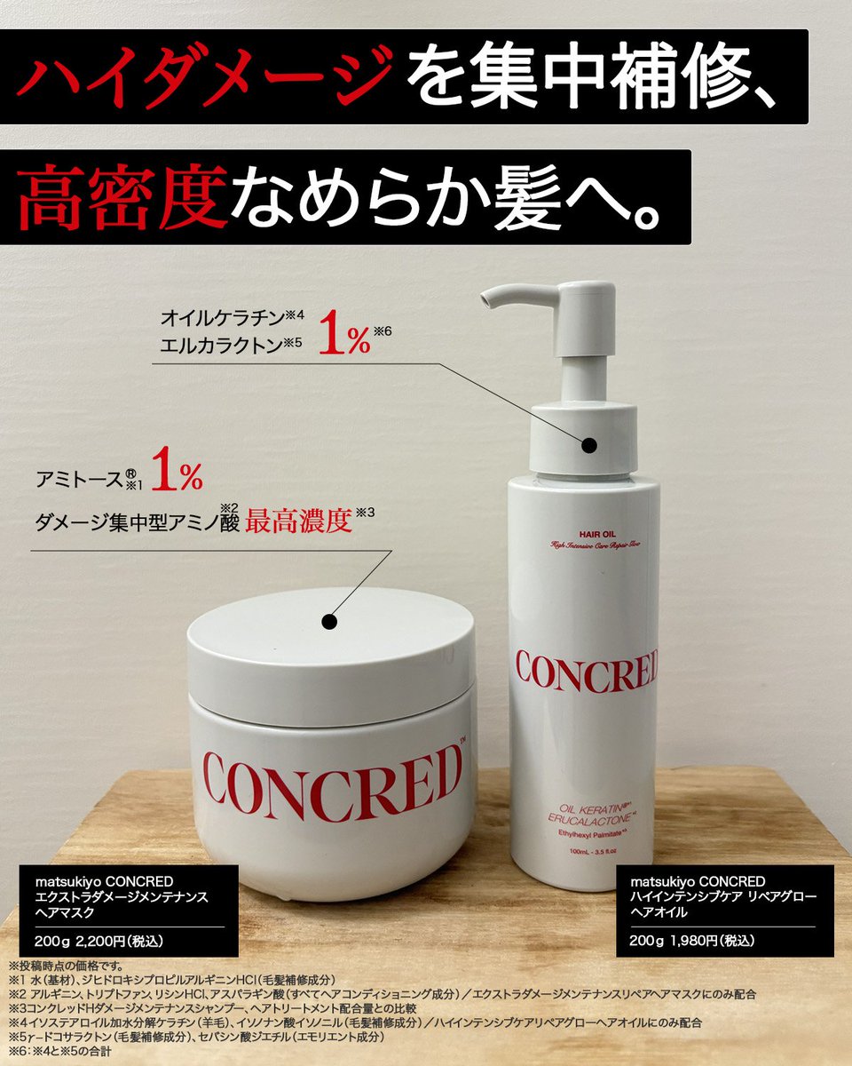 matsucoco_co's tweet photo. ＼ ハイダメージを集中補修！ ＼
パサつき・枝毛*に悩む髪へ
高密度ヘアケアのmatsukiyo『#CONCRED』に新作登場✨

ハイドロマスク×グローオイルのセット使いで
本格なめらか髪へ導きます👀

マツキヨココカラでチェックしてね🛒👇
*コーティングによる防止 https://t.co/wDjvYVZEgq