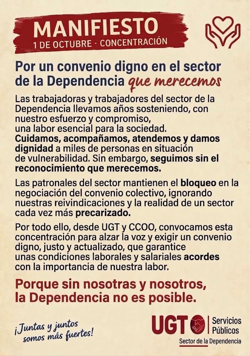 UGTMadrid's tweet photo. 📣 ¡EL 1 DE OCTUBRE, TODAS Y TODOS A LA CALLE! 

 Acompañanos a las 16h en el Círculo de Bellas Artes para luchar:

* Por #SALARIOSDIGNOS 
* Por #NUESTROSDERECHOS 
* Por el #RECONOCIMIENTO de nuestro trabajo
* Por un #CONVENIO que dignifique la #DEPENDENCIA 💪 https://t.co/mwkZxhelVy