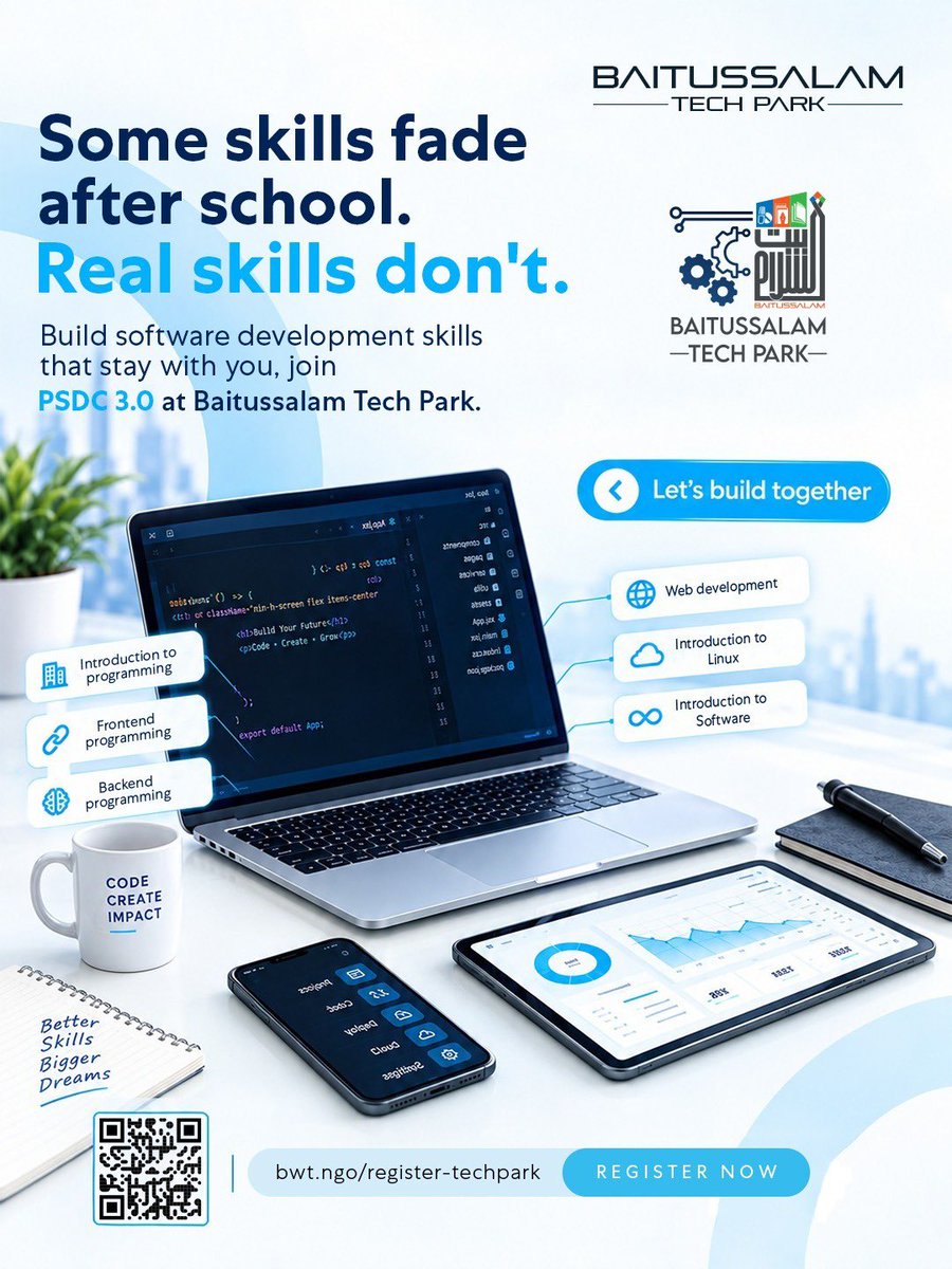 Baitussalam_Org's tweet photo. Some skills fade after school. Real skills don't.
Join PSDC 3.0 at Baitussalam Tech Park and build software development skills that actually stay with you, from your first line of code to your first real project.
Register now: https://t.co/iCgx9K3q6I
#BaitussalamTechPark #PSDC3 #SoftwareDevelopment #SkillDevelopment #LearnWithBaitussalam