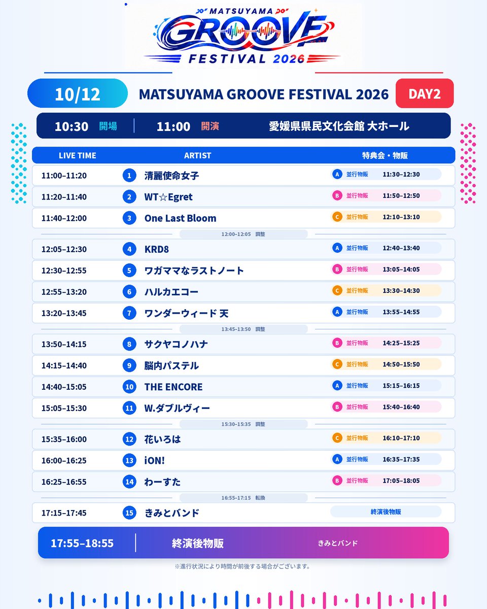 GROOVE_FES's tweet photo. 🎤✨━━━━━━━━━━━━━✨🎤
MATSUYAMA GROOVE Fes 2026
🔥タイムテーブル発表🔥
🎤✨━━━━━━━━━━━━━✨🎤
📍 会場　愛媛県県民文化会館 大ホール

🎫 チケット販売中
10月11日（日）
https://t.co/Fp6XqCsT4c

10月12日（月・祝／スポーツの日）
https://t.co/ccofXaH0WD

松山に人気アイドルが集結！

📍10月11日（日）出演アーティスト全18組
🌟STU48（SPゲスト）
🌟花いろは
🌟THE ENCORE
🌟W.ダブルヴィー
🌟ワガママなラストノート
🌟ナナコロビヤオキ
🌟ワンダーウィード 天
🌟One Last Bloom
🌟サクヤコノハナ
🌟KRD8
🌟きみとバンド
🌟脳内パステル
🌟sherbet
🌟清麗使命女子
🌟anemoreel
🌟WT⭐Egret
🌟VOLUPTE MEIDEN
🌟WELIT

📍10月12日（月/祝）出演アーティスト全15組
🌟わーすた
🌟iON!
🌟W.ダブルヴィー
🌟花いろは
🌟THE ENCORE
🌟脳内パステル
🌟ワンダーウィード 天
🌟ワガママなラストノート
🌟サクヤコノハナ
🌟ハルカエコー
🌟きみとバンド
🌟KRD8
🌟One Last Bloom
🌟WT⭐Egret
🌟清麗使命女子

🏙️「松山デザインウィーク2026」公式プログラム
🍊「愛媛のおいしいもの Fes」も同時開催！

アイドル × 音楽 × 愛媛グルメ。
この秋、松山が熱くなる2日間🔥

#MATSUYAMAGROOVEFes2026
#MATSUYAMAGROOVEFes
#松山グルーヴフェス
#松山 #愛媛 #アイドルフェス
