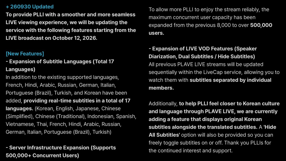 plavememespls's tweet photo. omg the live stream translation site will now be supporting 17 languages + over 500k concurrent users !!!!!

Also the part about helping pllis feel closer to kr culture/language by displaying kr subs alongside translated subs is SUCH A GODSEND?!??!!? Especially for those learning kr, this is so helpful and such a wonderful study tool, AND ITS FREE ????? god v-last fr 😭🙌🏻💙💜💗♥️🖤