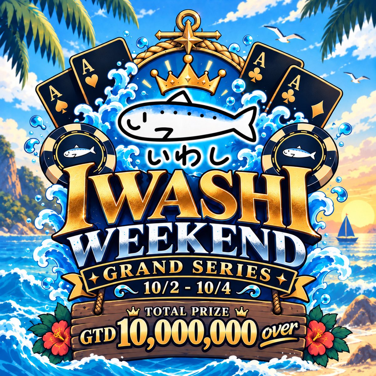 iwashi_poker's tweet photo. 🎁 リポストキャンペーン開催 🎁

💫早速第2回開催しちゃいます💫

🐟 IWASHI WEEKEND GRAND SERIES 🐟
略して——【 IWGS 】

週末3日間のハイプライズシリーズ開幕🔥

🗓 10/2(金)〜10/4(日)
🏆 Total Prize【1,000万 over】

そして今回は…
各トーナメント【5名様】をご招待🎉
🎁 無料招待 × 1名様
🎫 半額招待 × 4名様

🔥 応募方法 🔥
① 当アカウントをフォロー
②「意気込み＋希望トーナメント」を書いて引用リポスト
③ 当選者はトーナメント開始1時間以内に着席
※10/4(日)13:30〜IWASHI FESTIVALは当選がありません

📢 当選発表
平日 ▶ 14:00　/　休日 ▶ 10:00
※当選後、参加が難しくなった場合は
当アカウントまでご連絡ください🙇‍♂️

超豪華🎊総額1,000万overの3日間📅
【IWGS】第2回開催します🐟🔥

たくさんのご応募お待ちしております‼️

#いわし赤坂
#IWASHIWEEKENDGRANDSERIES
#IWGS