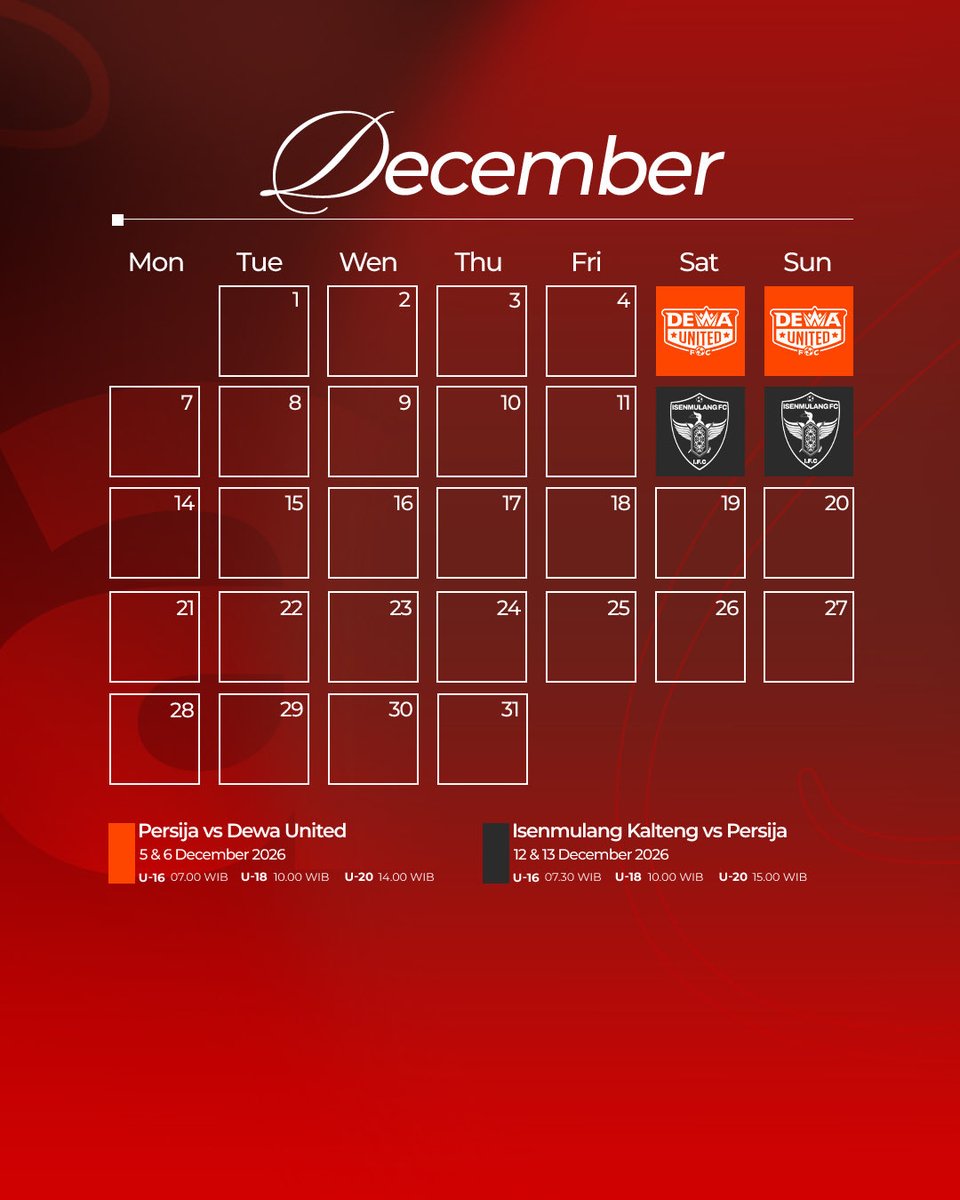 Persija_Jkt's tweet photo. 𝐌𝐚𝐫𝐤 𝐘𝐨𝐮𝐫 𝐂𝐚𝐥𝐞𝐧𝐝𝐚𝐫! 🗓️🐯

Jadwal lengkap Persija EPA One 2026/2027 sudah dirilis! Mulai dari U-16, U-18, hingga U-20, siap berjuang di setiap pertandingan musim ini. Save the dates, Young Tigers!🔥

#EPAOne #EliteProAcademy #Persija https://t.co/Qcb3X4IOlk