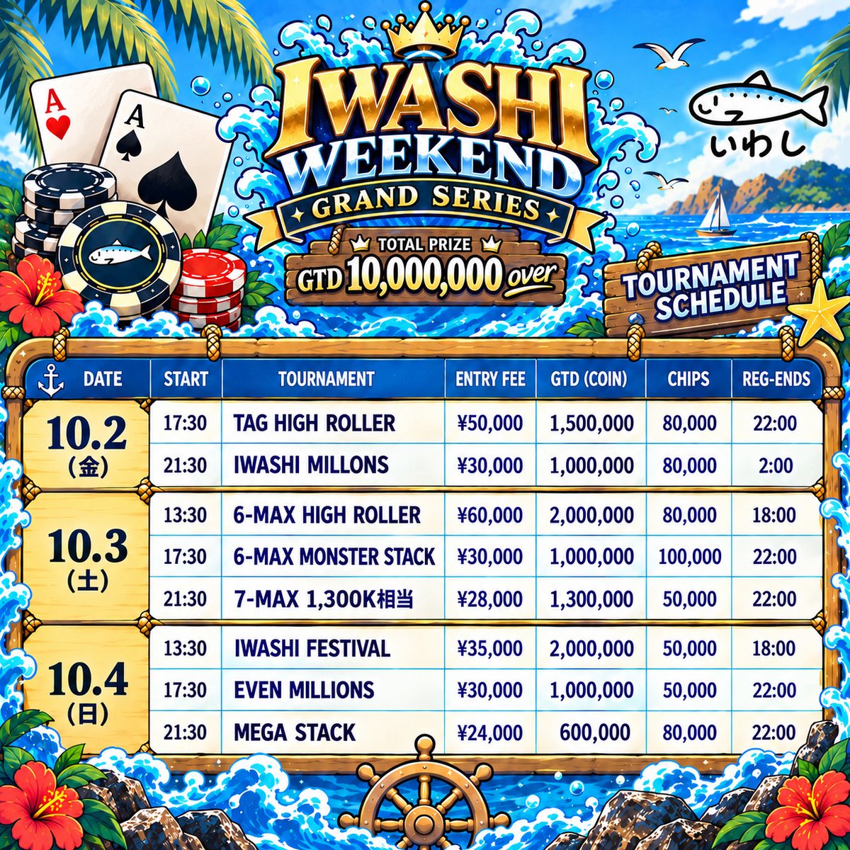 iwashi_poker's tweet photo. 🎁 リポストキャンペーン開催 🎁

💫早速第2回開催しちゃいます💫

🐟 IWASHI WEEKEND GRAND SERIES 🐟
略して——【 IWGS 】

週末3日間のハイプライズシリーズ開幕🔥

🗓 10/2(金)〜10/4(日)
🏆 Total Prize【1,000万 over】

そして今回は…
各トーナメント【5名様】をご招待🎉
🎁 無料招待 × 1名様
🎫 半額招待 × 4名様

🔥 応募方法 🔥
① 当アカウントをフォロー
②「意気込み＋希望トーナメント」を書いて引用リポスト
③ 当選者はトーナメント開始1時間以内に着席
※10/4(日)13:30〜IWASHI FESTIVALは当選がありません

📢 当選発表
平日 ▶ 14:00　/　休日 ▶ 10:00
※当選後、参加が難しくなった場合は
当アカウントまでご連絡ください🙇‍♂️

超豪華🎊総額1,000万overの3日間📅
【IWGS】第2回開催します🐟🔥

たくさんのご応募お待ちしております‼️

#いわし赤坂
#IWASHIWEEKENDGRANDSERIES
#IWGS