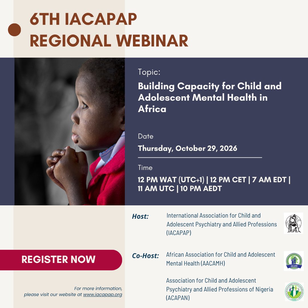 IACAPAP's tweet photo. Join us for the 6th IACAPAP Regional Webinar (Africa Region) and listen to the topic “Building Capacity for Child and Adolescent Mental Health in Africa". To register: https://t.co/0mSKkuD0yY

Webinar info: https://t.co/8drMw0tkwf https://t.co/p8I1LCkMhN