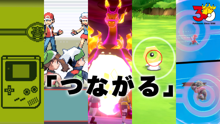 The image shows a promotional graphic for the Pokémon 30th anniversary "PokéPick" campaign, featuring the Japanese text 「つながる」(meaning "connecting/connecting with") overlaid on a montage of classic Pokémon Game Boy screens, battle scenes, and Pokémon. The "30 Pokémon Since 1996" anniversary logo appears in the top right corner, tying the nostalgic visuals to the "connect with Pokémon, friends, and the world" theme mentioned in the post.