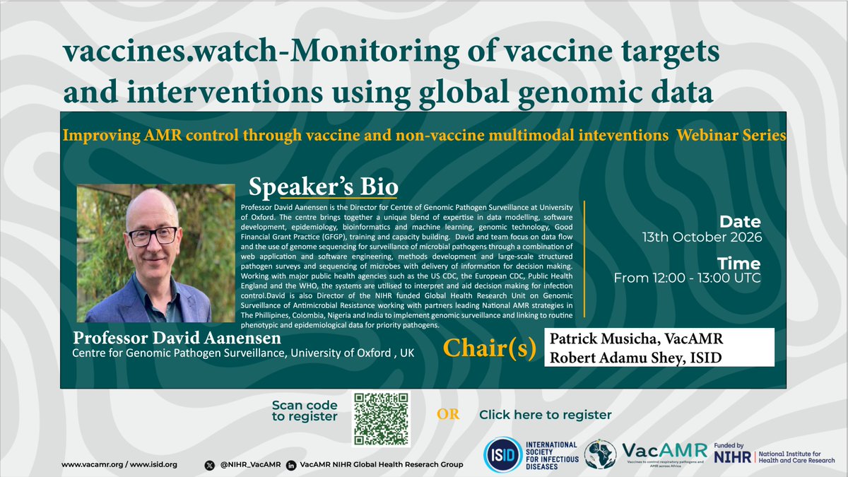 ISID_org's tweet photo. Join ISID & @NIHR_VacAMR on October 13 for a webinar with Prof. David Aanensen on monitoring vaccine targets and interventions using global genomic data.
๐
October 13 | 12:00โ13:00 UTC
๐ Register here: https://t.co/GTHLkY2NTb
#ISID #VacAMR #AMR #GenomicSurveillance https://t.co/upiEhBmQkL