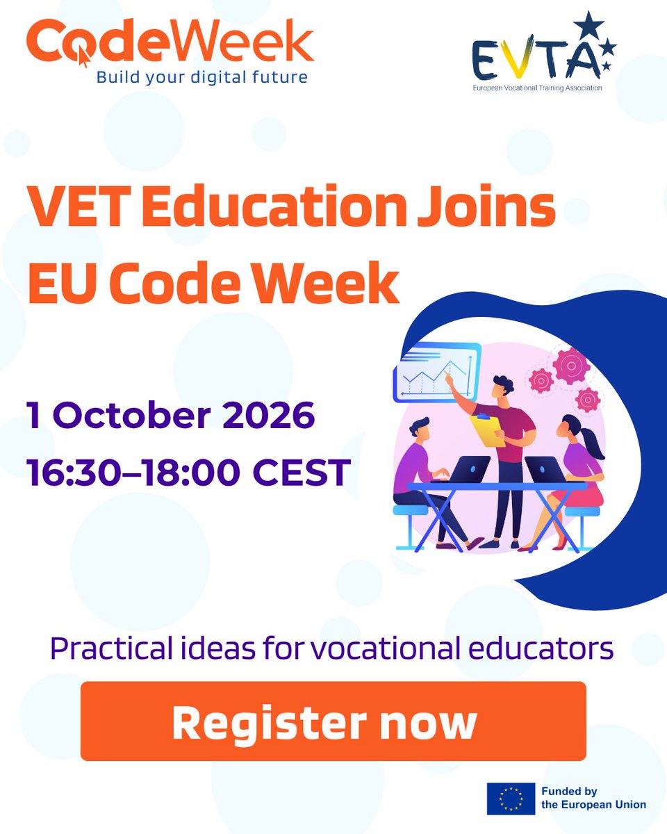 CodeWeekEU's tweet photo. VET educators: there's still time to join tomorrow's workshop!

We'll be exploring how to turn digital skills ideas into activities that work in real vocational classrooms
1 October | 16:30–18:00 CEST | Online

Find out more and register: https://t.co/RFCl35Ebhz

#EUCodeWeek #VET https://t.co/ljeZzNWZ9d