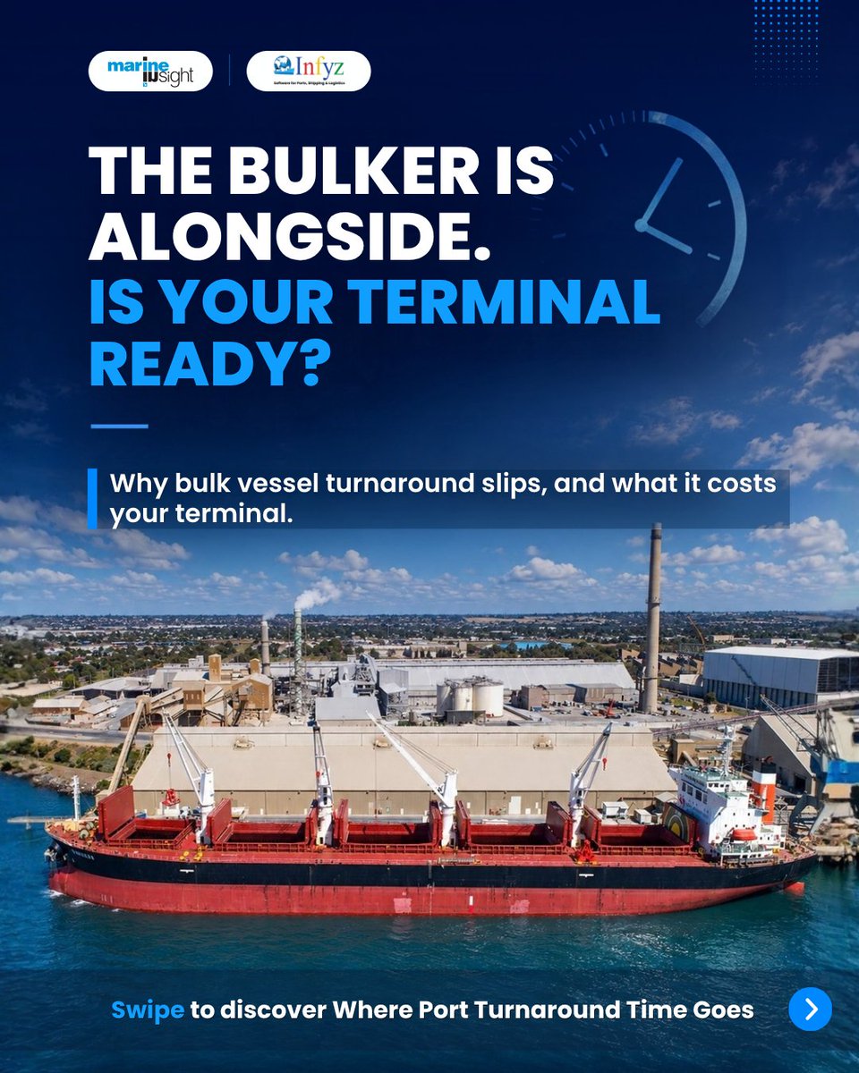 MarineInsight's tweet photo. ⁉️ Why do dry bulk carriers spend more time in port than other vessels? 

⏳From specialized cargo handling to complex ballast/stress management and weather sensitivity, port turnarounds require precision.  
 
Explore: https://t.co/BnSedtq92q

#Maritime #Shipping #PortOperations https://t.co/i5SWQqVfRl